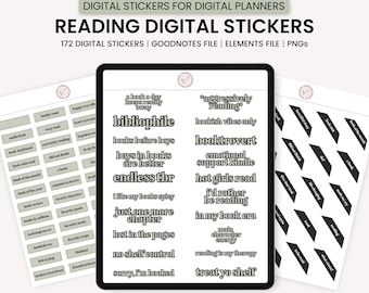 May include: A set of 172 digital stickers for digital planners featuring book-themed illustrations and text. The stickers are in black and white and feature phrases like "bibliophile", "booktrovert", and "treat yo shelf".