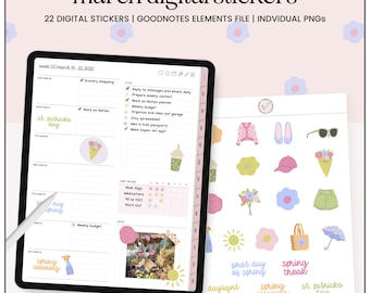Spring Themed Digital Stickers, March Themed Digital Stickers, March Digital Stickers, Spring Digital Stickers, GoodNotes Stickers
