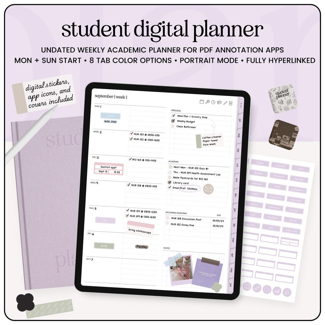 Undated Student Digital Planner for Goodnotes & Ipad, Academic Study ...