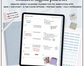 Undated Student Digital Planner for GoodNotes & iPad, Academic Study Planner, College Digital Planner, School Organizer PDF