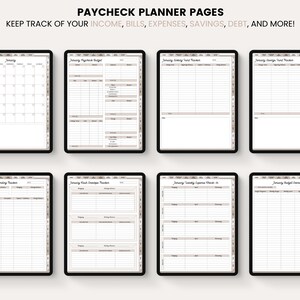 May include: Eight printable pages for a digital planner to help track income, bills, expenses, savings, debt, and more. The pages are designed for the month of January and include a calendar, budget tracker, savings tracker, spending tracker, weekly overview, expense check-in, and budget distribution.