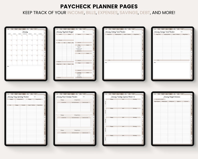 May include: Eight printable pages for a digital planner to help track income, bills, expenses, savings, debt, and more. The pages are designed for the month of January and include a calendar, budget tracker, savings tracker, spending tracker, weekly overview, expense check-in, and budget distribution.