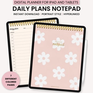 Puede incluir: Un planificador digital para iPad y tabletas con un fondo rosa y un patrón de margaritas blancas. El texto "DAILY PLANS notepad" está escrito en letras doradas. El planificador incluye 7 páginas de diferentes colores.