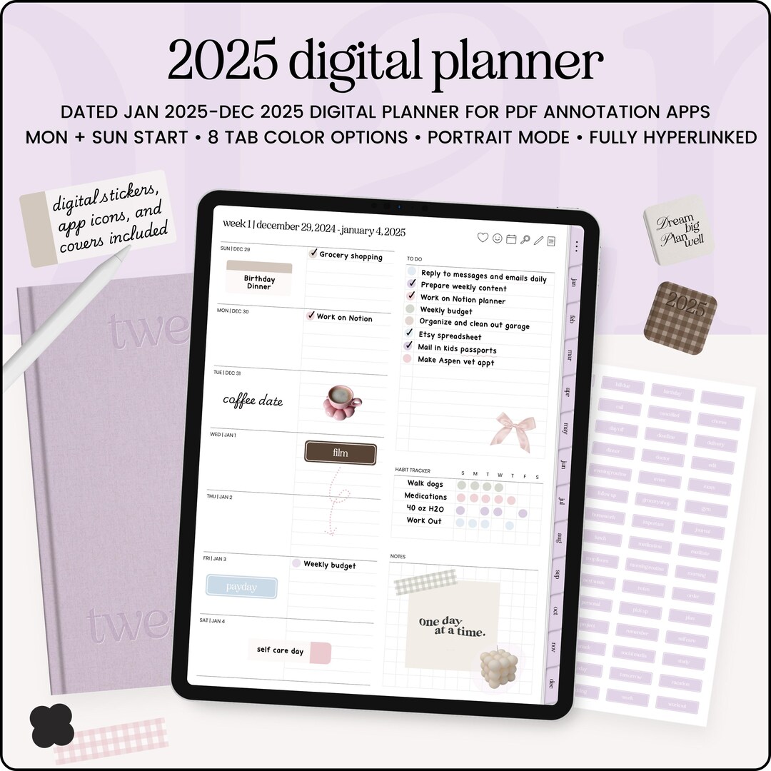2025 gedateerde digitale planner, dagelijkse digitale planner