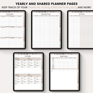 May include: Five digital planner pages for keeping track of financial goals, subscriptions, bills, and more. The pages are designed with a light brown background and include sections for listing goals, subscriptions, bills, and a yearly overview.