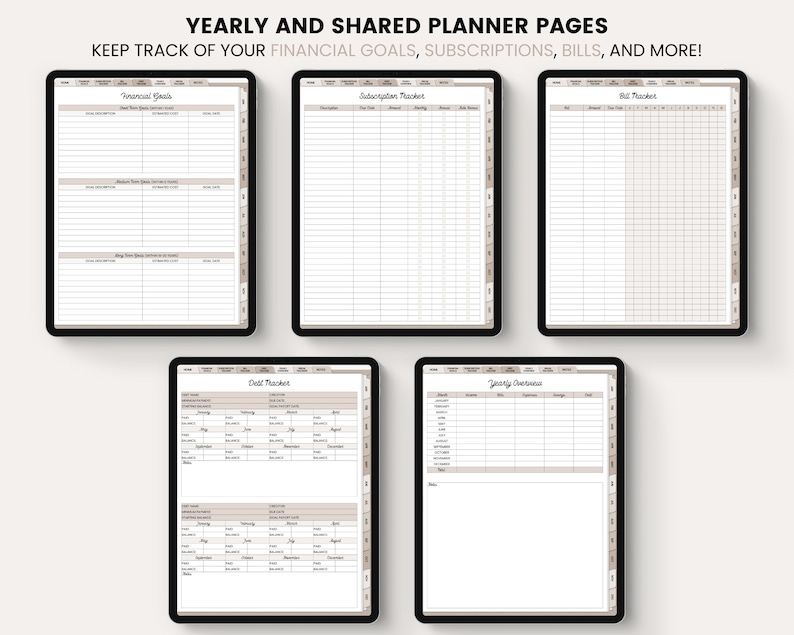 May include: Five digital planner pages for keeping track of financial goals, subscriptions, bills, and more. The pages are designed with a light brown background and include sections for listing goals, subscriptions, bills, and a yearly overview.