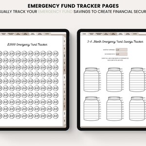 May include: A digital planner page with a black and white illustration of a jar with lines to track savings. The page is titled "3-6 Month Emergency Fund Savings Tracker".