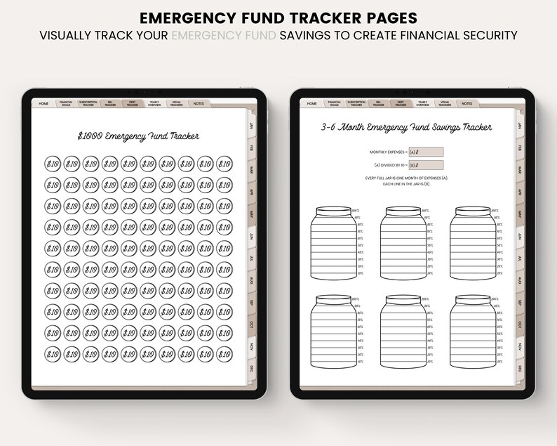 May include: A digital planner page with a black and white illustration of a jar with lines to track savings. The page is titled "3-6 Month Emergency Fund Savings Tracker".