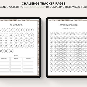 May include: Two printable pages for a 100 Envelopes Challenge and a No Spend Month challenge. The 100 Envelopes Challenge page has 100 envelopes to color in as you save money. The No Spend Month page has a calendar with 31 days to track spending.