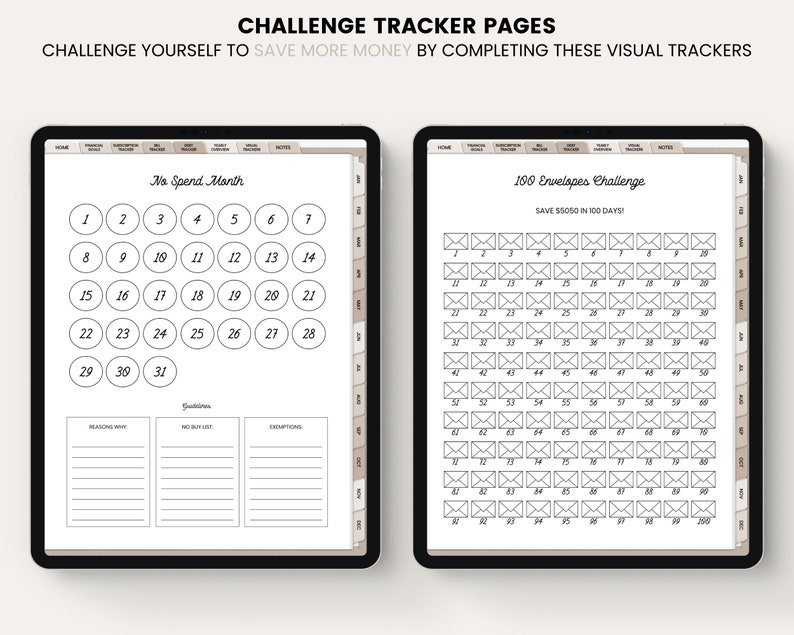 May include: Two printable pages for a 100 Envelopes Challenge and a No Spend Month challenge. The 100 Envelopes Challenge page has 100 envelopes to color in as you save money. The No Spend Month page has a calendar with 31 days to track spending.