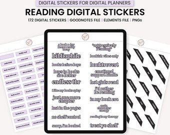 May include: A digital planner sticker set with 172 stickers featuring book-themed phrases and designs. The stickers are in black and white and include phrases like "bibliophile", "booktrovert", and "treat yo shelf".