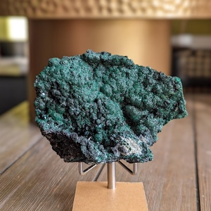 Peut inclure: Un spécimen de malachite vert foncé sur un support métallique à base carrée. La malachite a une surface texturée et bulleuse. L'arrière-plan comprend une lampe dorée et une table en bois.
