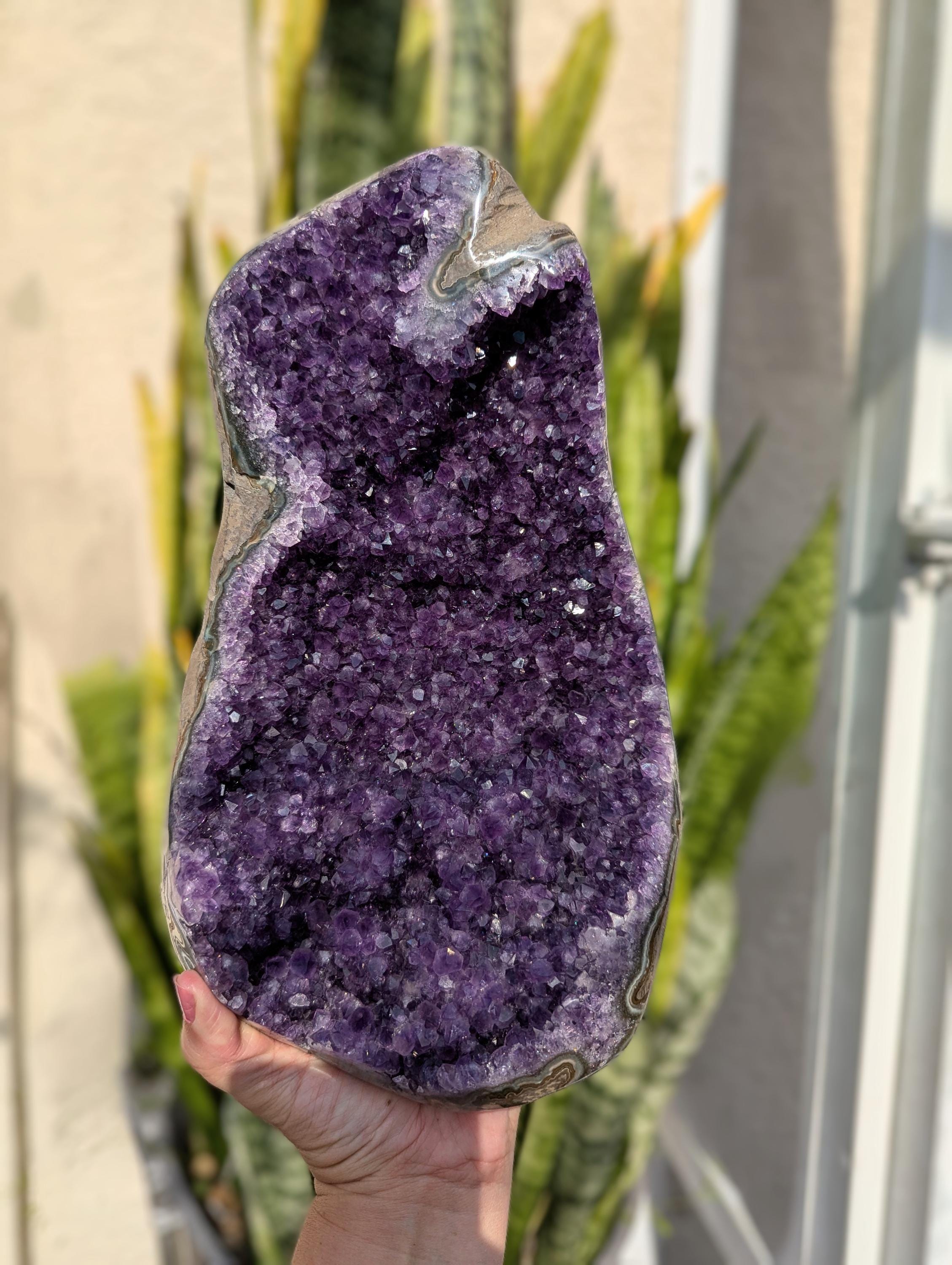XL Amethyst Geode, AAA Amethyst on Custom Stand, Natural Amethyst with Polished Agate Sides, Crystal Amethyst Display Piece, Crystal Gifts