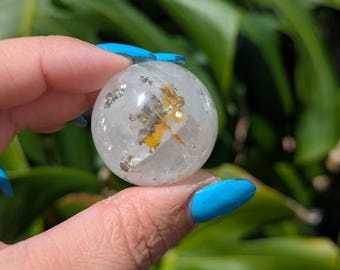 Rare Quartz with Pyrite Inclusion, Brazilian Clear Quartz mini Sphere, Quartz Crystal for Chakra Balancing, Pyrite in Quartz & Golden Healer