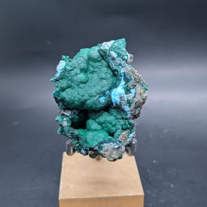 May include: A vibrant green malachite mineral specimen with a textured surface. The mineral is mounted on a small wooden stand, showcasing its natural form and color variations. The specimen has a dark background.
