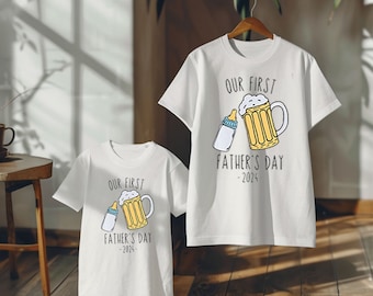 Gepersonaliseerde grappig onze eerste vaderdag onesie, eerste vaderdagcadeau van baby PNG, digitaal