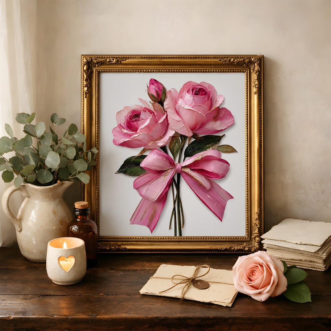 Pink Rose Bouquet Watercolor Print, Romantic Floral Bundle, Cottagecore ...
