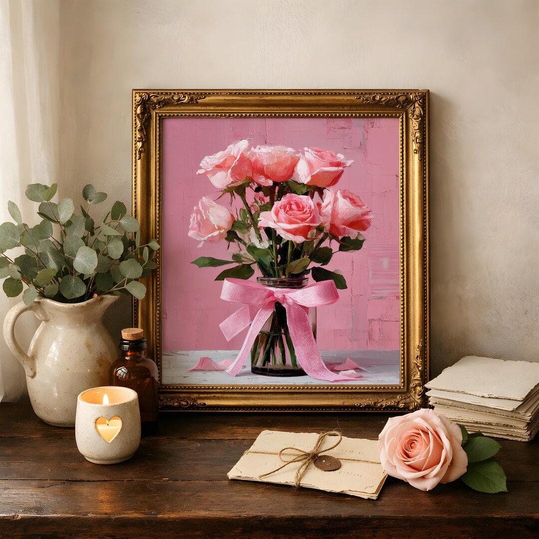 Romantic Pink Roses in Glass Vase - Shabby-chic Floral Decor, Pastel ...
