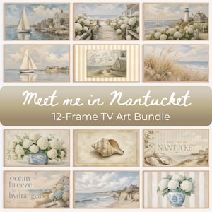 May include: A collection of twelve framed art prints with a coastal theme. The artwork features sailboats, beach scenes, lighthouses, and floral arrangements. The text "Meet me in Nantucket" is displayed prominently.