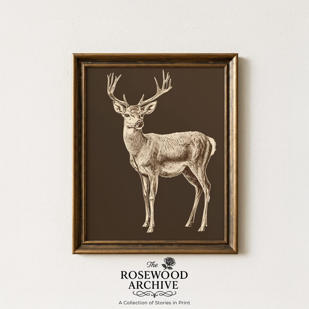 Vintage Deer With Antlers Illustration, Rustic Farmhouse Wall Art ...