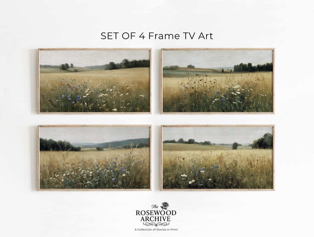 Rustic Rural Frame Rustic Country Frame TV Art Set, Vintage Linen Wildflower Meadows ...