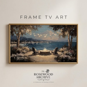 May include: A framed digital art print depicting a serene coastal scene at dusk. Two chairs face a fire pit on a sandy beach, with a calm sea and distant city lights under a twilight sky. The text "FRAME TV ART" is at the top.
