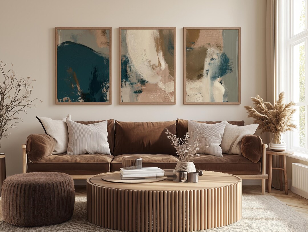Modern Abstract Wall Art Printable Set of 3, Luxe Teal Cream Neutral ...