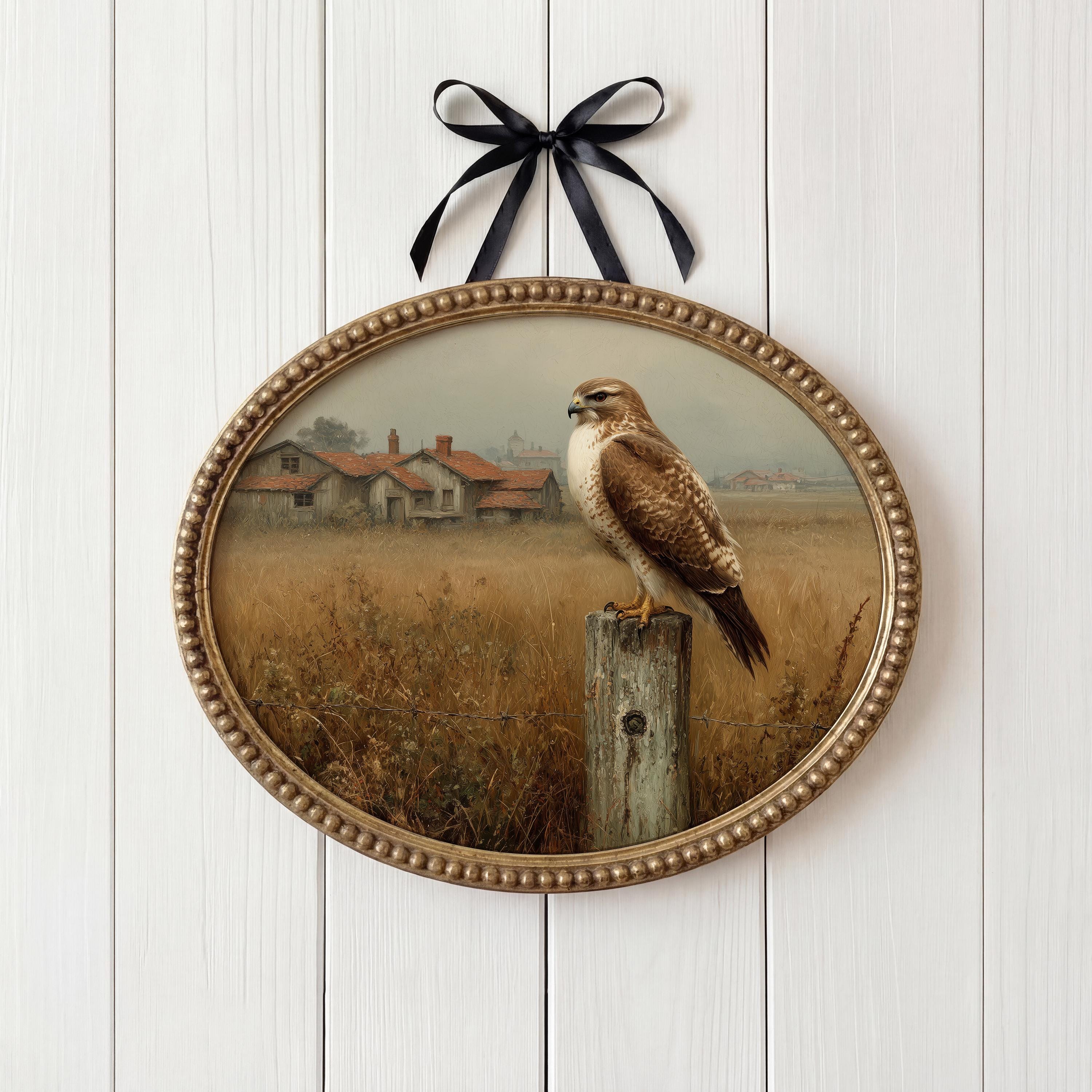 Rustic Hawk on Weathered Fence Post - Moody Vintage Farmhouse Wall