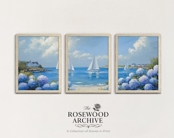Coastal Cottagecore Sailboat Triptych | Printable Seaside Art Set of 3 Nautical Paintings with Sailboats & Hydrangeas, Digital Download 26
