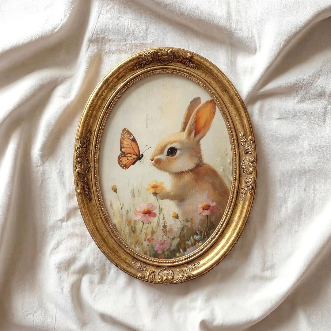 Small Rabbit With Butterfly on Nose, Cozy Cottagecore Art (digital ...