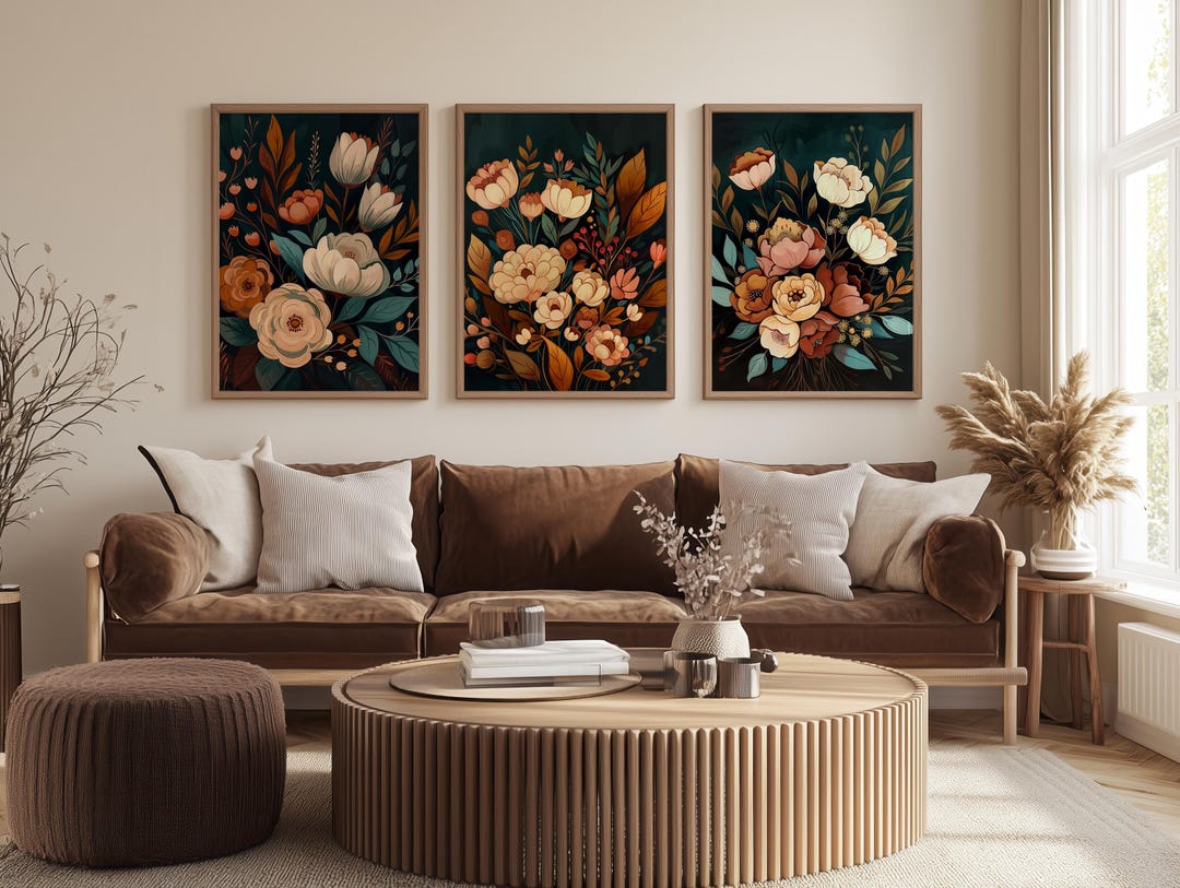 Vintage Mid-century Floral Bouquet Set of 3, Printable Retro Wall Art ...