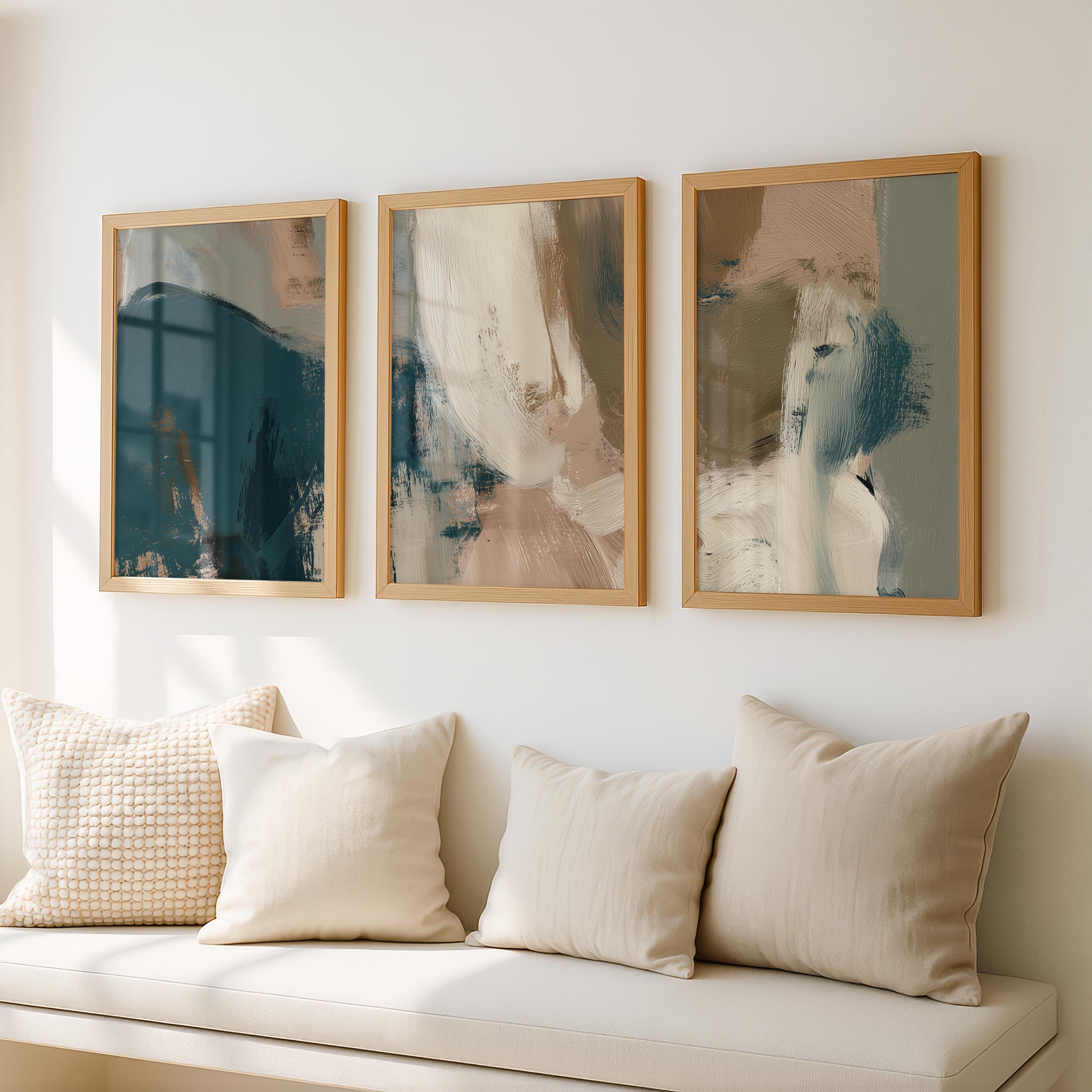 Modern Abstract Wall Art Printable Set of 3, Luxe Teal Cream Neutral ...