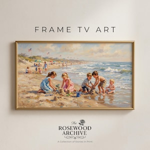 May include: A framed painting depicting children building sandcastles on a beach. The artwork, titled "Frame TV Art," features a gold frame and a coastal scene with blue water, a sandy shore, and a bright sky. The Rosewood Archive logo is at the bottom.