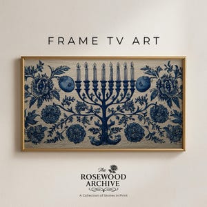 May include: A framed print with a blue and white floral pattern and a central menorah design. The artwork displays the text "FRAME TV ART" and the logo for "The Rosewood Archive" at the bottom.