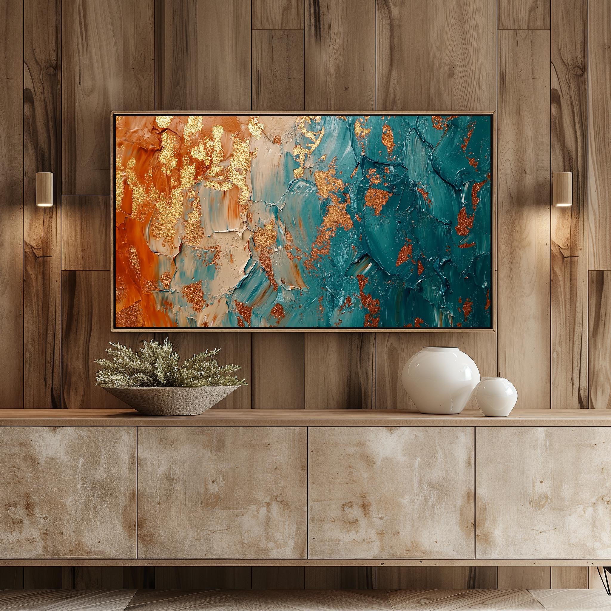 Modern Abstract Frame TV Art Set, Terracotta & Teal Textured Abstracts ...