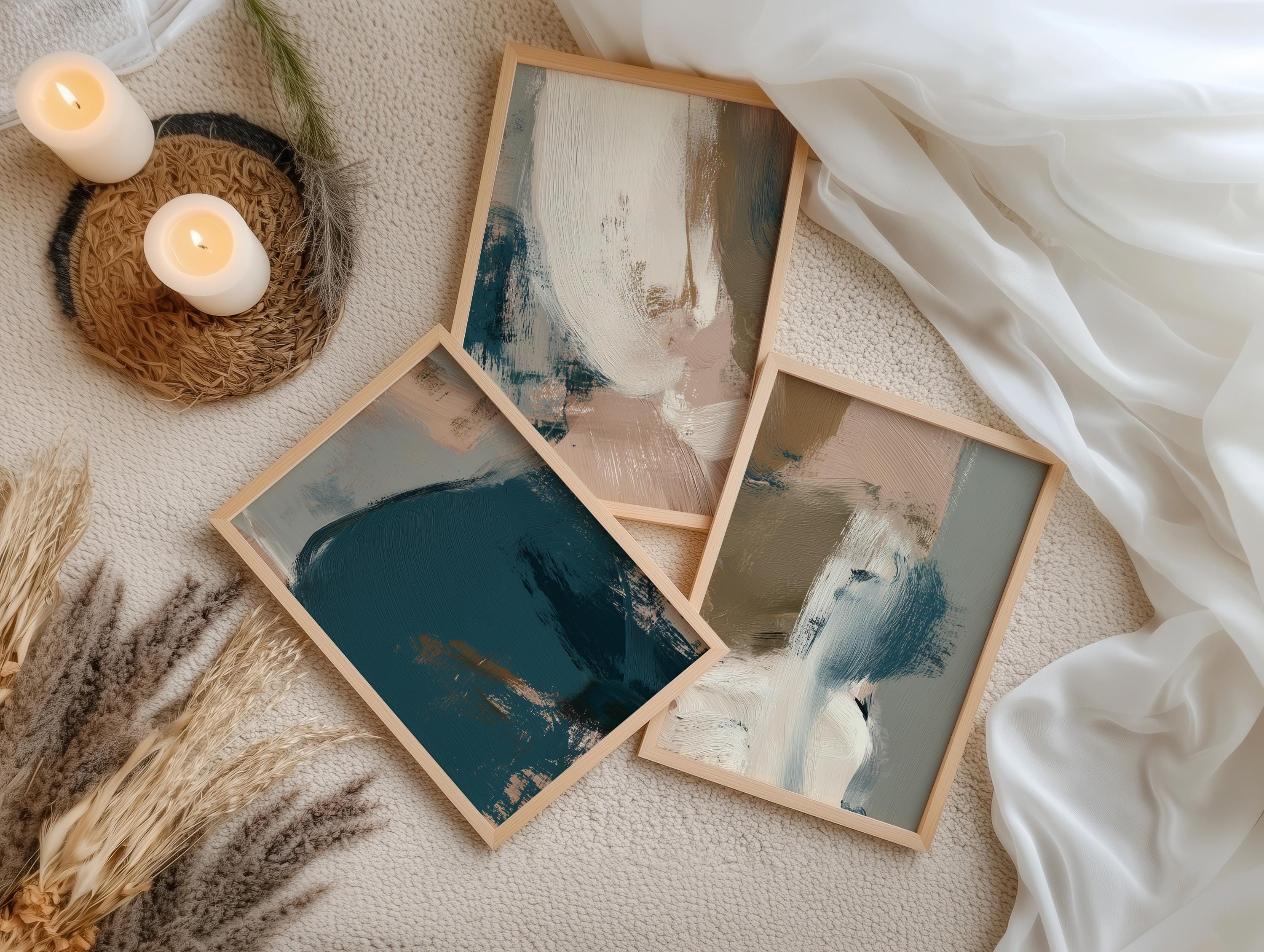 Modern Abstract Wall Art Printable Set of 3, Luxe Teal Cream Neutral ...