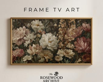 May include: A framed floral print with a gold border. The artwork features a variety of flowers in shades of white, pink, and cream against a dark background. Text at the top reads "FRAME TV ART" and at the bottom "The Rosewood Archive".