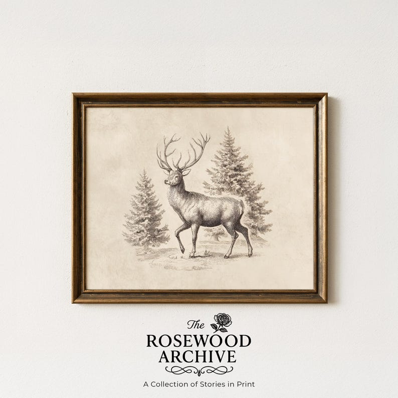 Vintage Stag Illustration Printable - Rustic Farmhouse Woodland Art ...