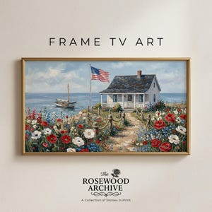 May include: Framed artwork featuring a coastal scene with a white cottage, American flag, and sailboat. The painting is surrounded by colorful flowers and a path leading to the house. The text "FRAME TV ART" is at the top.