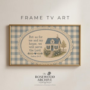 Puede incluir: Arte de TV enmarcado con un diseño de punto de cruz. La obra de arte muestra una casa con techo y contraventanas azules, rodeada por una valla blanca. El texto dice: "Pero yo y mi casa serviremos al Señor. Josué 24:15."