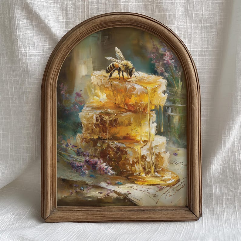 kitchen wall art | bee art print | honey bee decor |... Honeycomb Bee Wall Art, Honey Still Life Painting Rustic Farmhouse ...