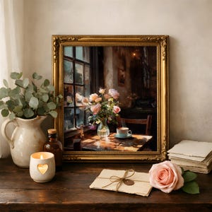 May include: A still life arrangement featuring a framed painting, a vase of flowers, a lit candle, and a rose. The painting depicts a table with a cup of coffee and a vase of flowers. The candle has a heart-shaped cutout.