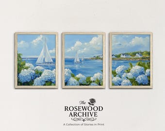 Coastal Cottage Wall Art Set of 3, Nautical Seascape Triptych with Blue Hydrangeas, Printable Beach Decor, Serene Ocean Digital Download 24