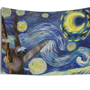 Starry night tapestry aesthetic Sloth wall art Sloth hanging Sloth gift Sloth painting Van Gogh Wall painting Impasto painting Quirky art