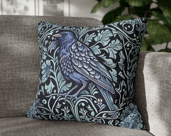 Edgar Allen Poe Throw pillow covers 20x20 William Morris inspired Raven Decor Decorative pillows case Crow Art bird watching gift