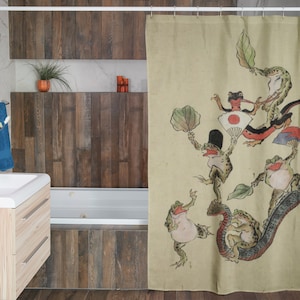 Snake Frog Japanese Shower Curtain Frog lovers gift Anthropomorphic Kyosai Funny shower drape bathroom amphibian Frog and Toad Dark Vintage