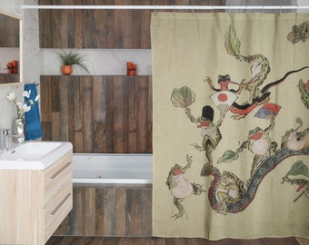 Snake Frog Japanese Shower Curtain Frog lovers gift Anthropomorphic Kyosai Funny shower drape bathroom amphibian Frog and Toad Dark Vintage