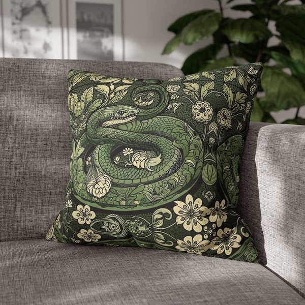 Enchanted forest Snake pillow case William Morris inspired floral pillow cover 20x20 Green throw pillow case Leaf pillow Nerdy gifts for him