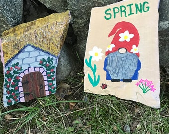Gnome, season gnome, outdoor decor,  garden gnome, fairy garden, stepping stones, spring gnome, garden rocks, hand-painted garden gnomes