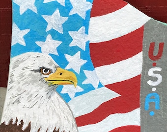 Eagle and flag, garden rock, hand-painted